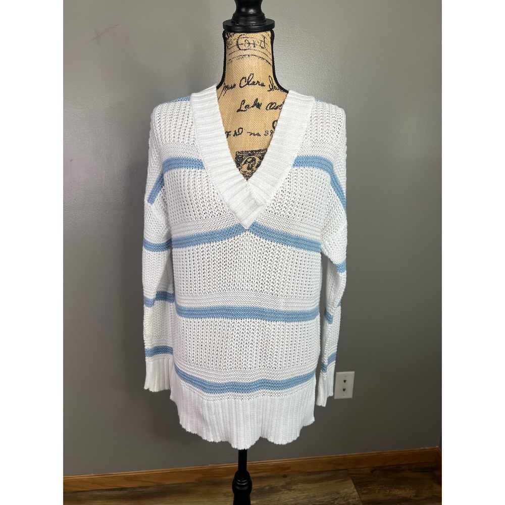 Kinross White Blue Striped Cotton‎ Open Knit V-Neck Sweater oversize beachy